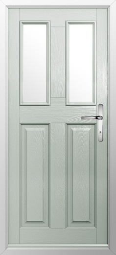 GFD Homes Light gray-green wooden door with two tall vertical glass panels and a silver lever handle on the right side.