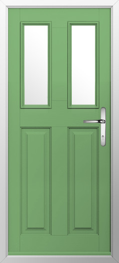 GFD Homes Green front door with two tall rectangular window panes and raised panels, silver door handle, white frame.
