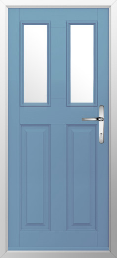 GFD Homes Blue front door with two tall vertical glass panels and a silver lever handle, set in a white frame.