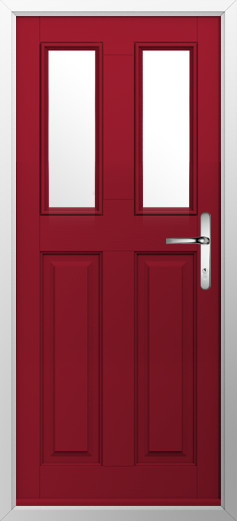 GFD Homes Red front door with two tall vertical glass panels and a silver lever handle in a white frame.