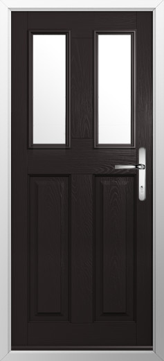 GFD Homes Dark brown wooden front door with two vertical glass panels and a silver lever handle.