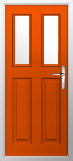 GFD Homes Orange front door with two vertical glass panels and a silver handle set in a light-gray doorway frame.
