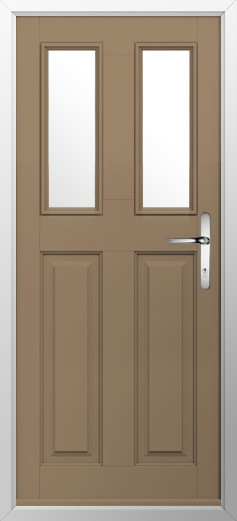 GFD Homes Brown front door with two narrow vertical glass panels and a silver handle in a light frame.