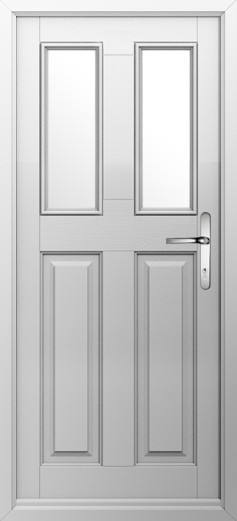 GFD Homes White paneled door with two tall rectangular glass inserts and a chrome handle, closed.