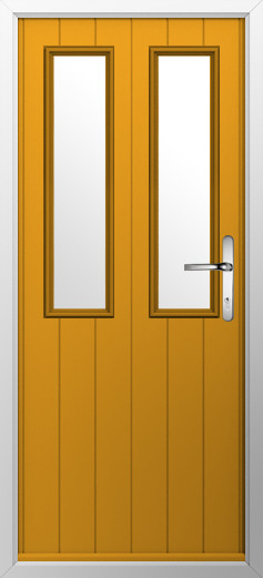 GFD Homes Orange wooden front door with two tall vertical glass panels and a silver door handle on the right side
