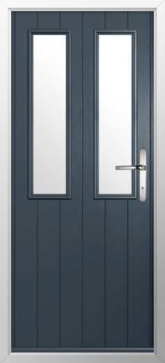 GFD Homes A dark blue front door with two slim vertical glass panels and a silver handle in a metal frame.