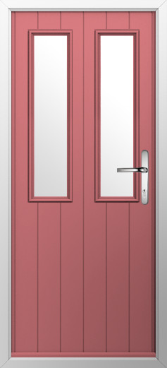 GFD Homes Red front door with two tall vertical glass panels and a silver lever handle, set in a silver frame in a doorway.