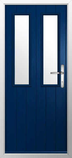GFD Homes Blue front door with two tall narrow glass panels and a silver lever handle