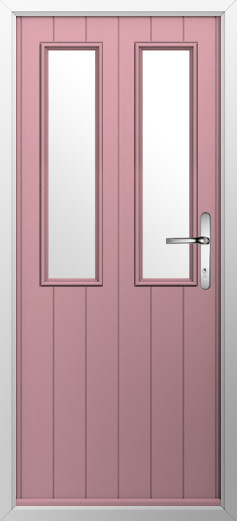 GFD Homes Pink front door with two tall vertical glass panels and a silver lever handle in a silver frame framing the doorway.