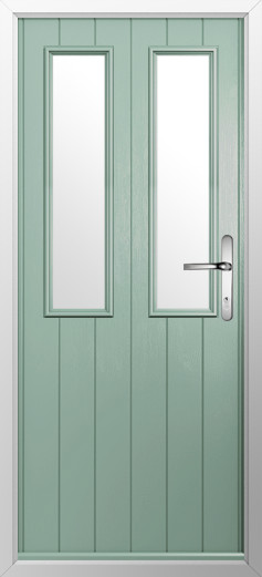 GFD Homes Green front door with two tall vertical glass panels and a silver lever handle.