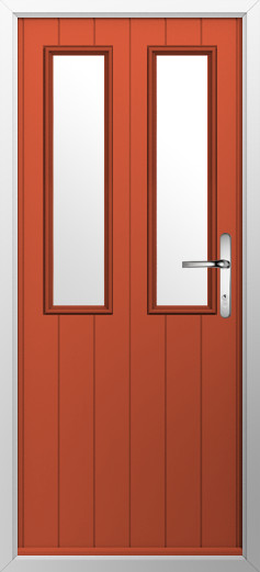 GFD Homes Orange front door with two tall vertical glass panels and a silver lever handle in a white frame.
