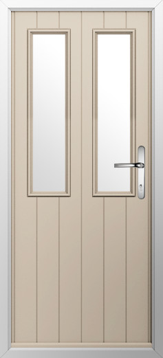 GFD Homes Beige front door with two tall narrow glass panes and a silver lever handle in a light gray frame.