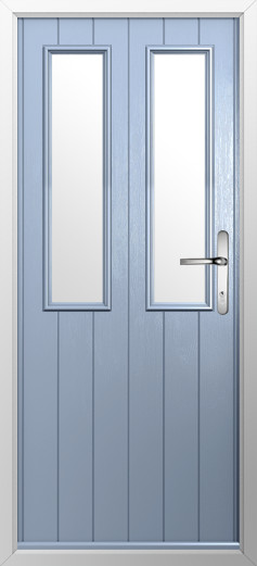 GFD Homes Blue exterior door with two tall vertical glass panels and a silver door handle, framed by a white doorframe.