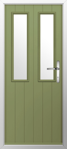 GFD Homes Green entry door with two tall vertical glass panels, silver handle, and slim sidelights against a light frame.