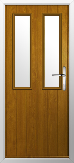 GFD Homes Wooden front door with two tall glass panels and a silver door handle, set in a gray frame.
