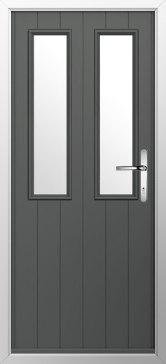 GFD Homes Dark gray front door with two vertical glass panes and a silver handle, framed by a light-colored door frame.