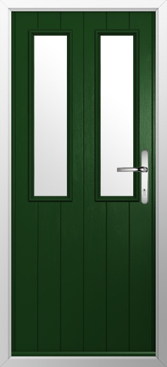 GFD Homes Green exterior door with two narrow vertical glass panels and a silver lever handle on the right side