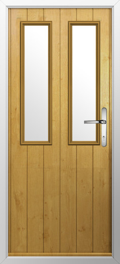 GFD Homes Wooden door with two vertical glass panels, light oak finish, and a silver lever handle on the right.