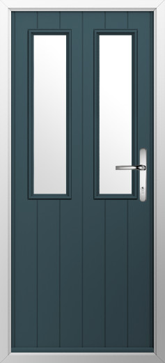 GFD Homes Blue exterior front door with two tall vertical glass panels and a silver lever handle