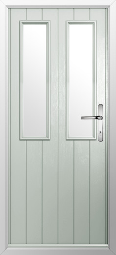 GFD Homes Light gray front door with two narrow vertical glass panels and a silver lever handle.