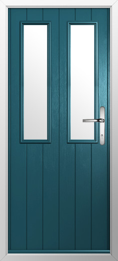 GFD Homes Teal front entry door with two tall narrow glass panels and a silver lever handle across from a white frame.