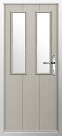 GFD Homes Beige exterior door with two tall rectangular glass panels and a silver lever handle on the right edge.