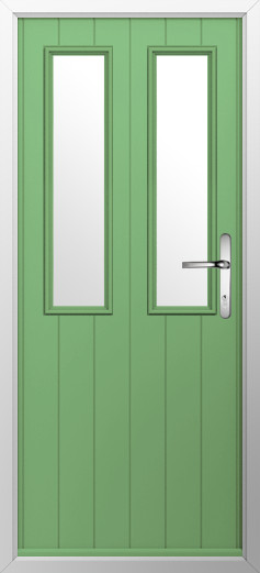 GFD Homes Green door with two narrow vertical glass panels and a silver lever handle on the right-hand side? (door exterior)