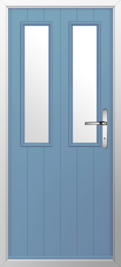 GFD Homes Blue front entry door with two tall vertical glass panels and a silver lever handle on the right side, framed by a light metal doorframe.