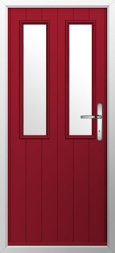 GFD Homes Red front door with two tall glass panels and a silver lever handle, set in a white frame.