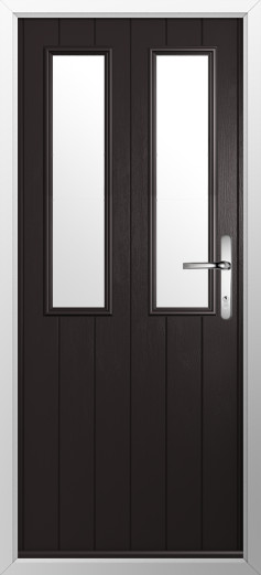 GFD Homes Dark brown front door with two tall vertical glass panels and a silver lever handle.