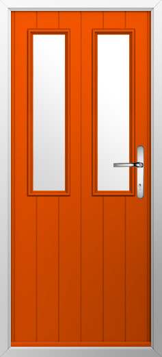 GFD Homes Orange front door with two tall vertical glass panes and a silver door handle, set in a light gray frame.