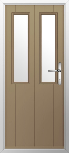 GFD Homes Brown exterior door with two vertical glass panels and a silver lever handle on the right side.”,