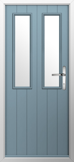 GFD Homes Blue front door with two narrow vertical glass panes and a silver lever handle.