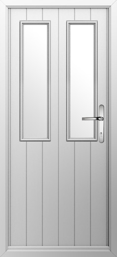 GFD Homes White exterior door with two tall narrow glass panels and a silver lever handle on the right.