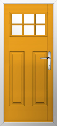 kensington-composite-door-amber-gold-v2 | GFD Homes GFD Homes Orange front door with a six-pane window at the top and a silver lever handle.