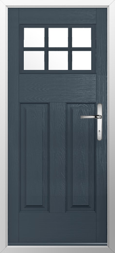 kensington-composite-door-anthracite-grey-v2 | GFD Homes GFD Homes Blue wooden front door with six-pane window above and a silver lever handle clearly visible.