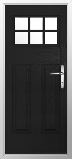 kensington-composite-door-black-v2 | GFD Homes GFD Homes Black front door with six small windowpanes at the top, silver lever handle, set in a white frame.