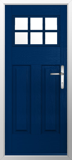 kensington-composite-door-blue-v2 | GFD Homes GFD Homes Blue wooden door with a six-pane window at the top and a silver lever handle.