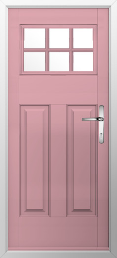 kensington-composite-door-champagne-blush-v2 | GFD Homes GFD Homes Pink front door with a rectangular window above, six small panes, and a silver handle.