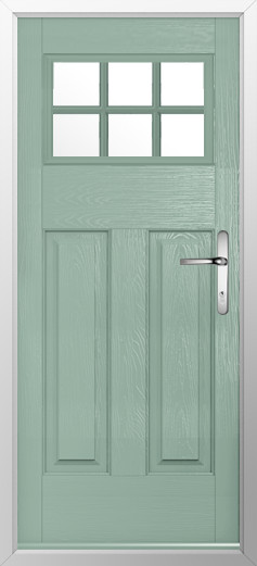 kensington-composite-door-chartwell-green-v2 | GFD Homes GFD Homes Mint green wooden front door with a six-pane window at the top and a silver lever handle.