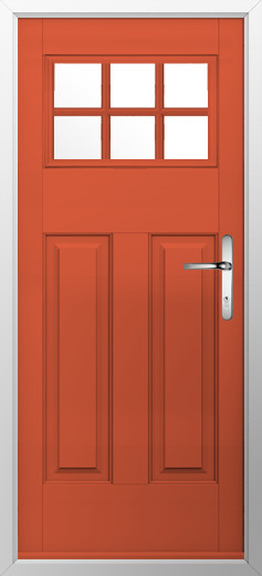 kensington-composite-door-copper-flame-v2 | GFD Homes GFD Homes Orange front door with a six-pane window at the top and a silver door handle.