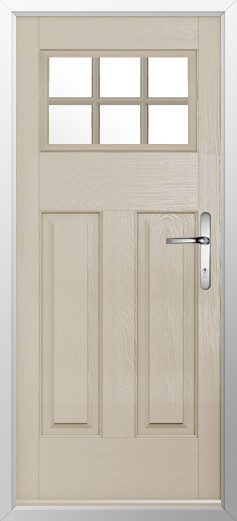 kensington-composite-door-cream-v2 | GFD Homes GFD Homes Cream-colored wooden door with a six-pane window at the top and a silver lever handle