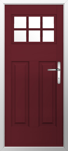 kensington-composite-door-deep-merlot-v2 | GFD Homes GFD Homes Red entry door with six small window panes at the top and a silver lever handle, set in a light metal frame.