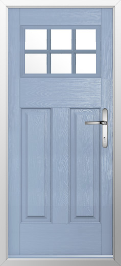 kensington-composite-door-duck-egg-blue-v2 | GFD Homes GFD Homes Blue paneled wooden front door with a 2x3 window grid at the top and a silver lever handle.
