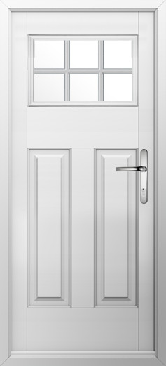 kensington-composite-door-foiled-white-v2 | GFD Homes GFD Homes White exterior front door with six panels, a small four-pane window above, and a silver lever handle.