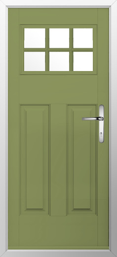 kensington-composite-door-forest-green-v2 | GFD Homes GFD Homes Green exterior door with a six-pane window at the top, and two raised panels below, framed by a light frame with a metal handle.