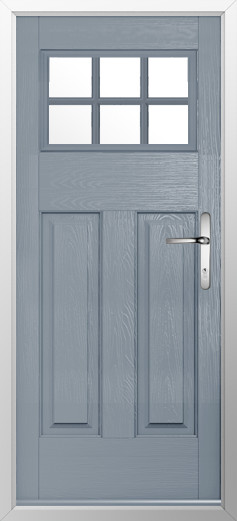 kensington-composite-door-french-grey-v2 | GFD Homes GFD Homes Blue-gray wooden door with a six-pane window at the top and a silver lever handle.