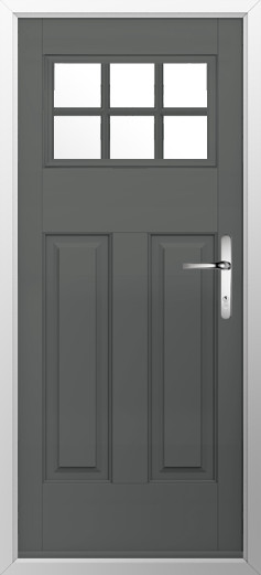 kensington-composite-door-granite-grey-v2 | GFD Homes GFD Homes Gray front door with a rectangular six-pane window at the top, two raised panels below, and a silver door handle.