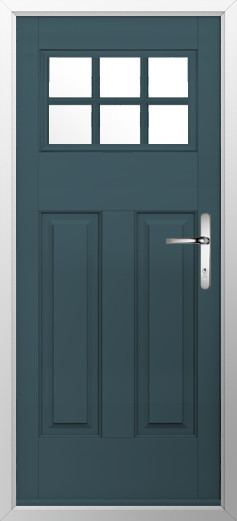 kensington-composite-door-midnight-grey-v2 | GFD Homes GFD Homes Blue exterior door with a six-pane window at the top and a silver lever handle on the right side.