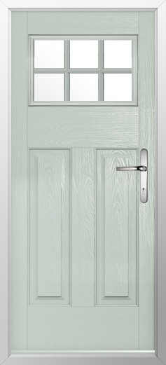 kensington-composite-door-painswick-v2 | GFD Homes GFD Homes Light green wooden door with a six-pane window at the top and a silver lever handle.